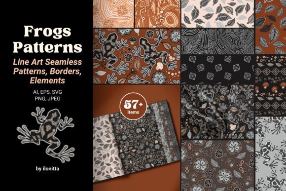 Brown Line Art Frogs Seamless Patterns for Graphics