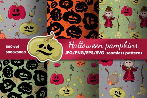 Halloween Pumpkins Seamless Patterns Graphics for Crafts