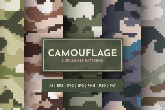 Set 5 Seamless Pixel Camouflage Patterns for Graphics and Content